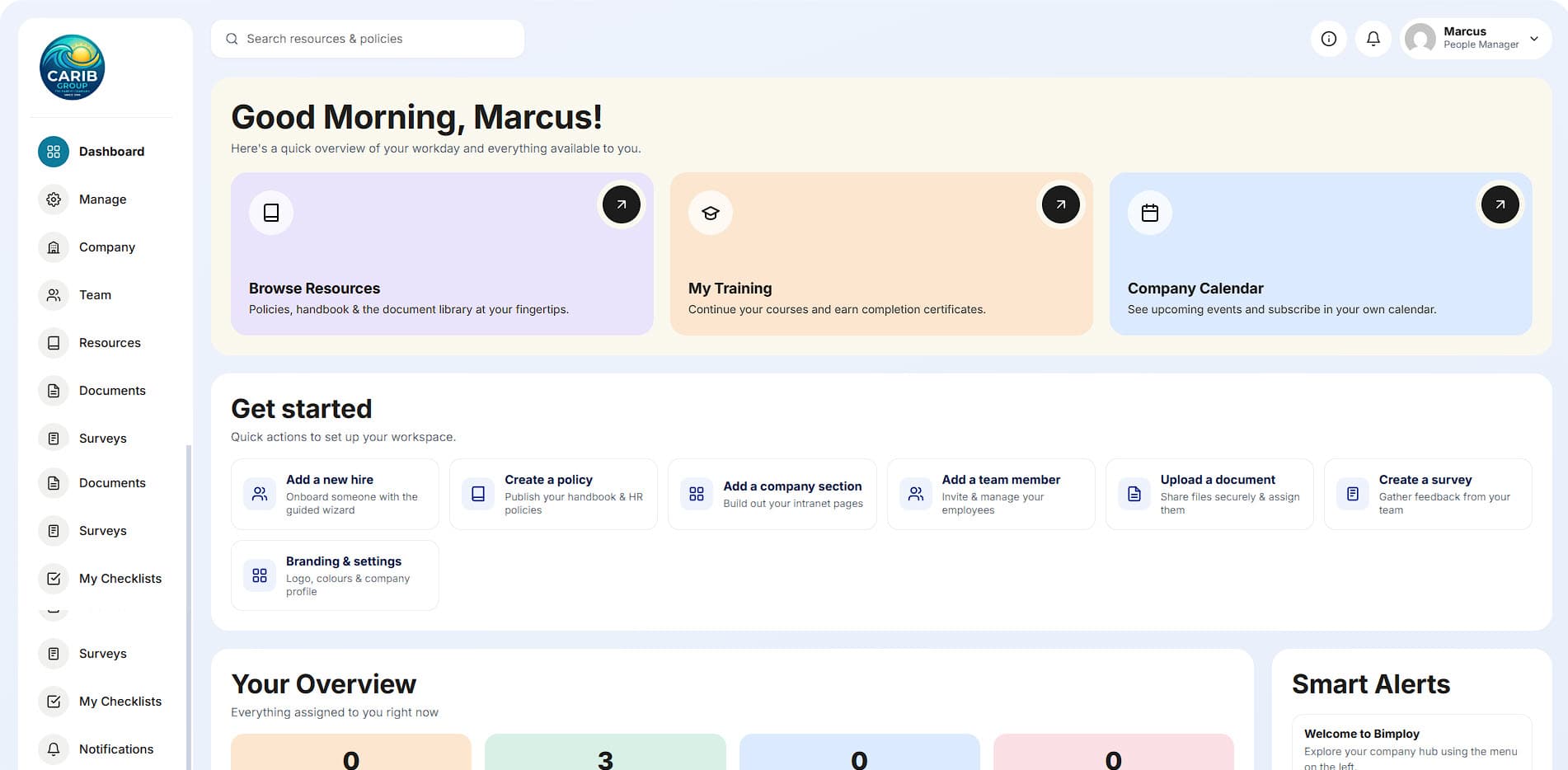 HRIS dashboard showing onboarding, training and company calendar